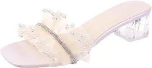 Women's Ruffle Pearls Decor Transparent Chunky Heels Sandals Square Open Toe Comfortable Slides Sandals Sexy Clear Mid Block Heel Slip on Dress Heeled Sandal