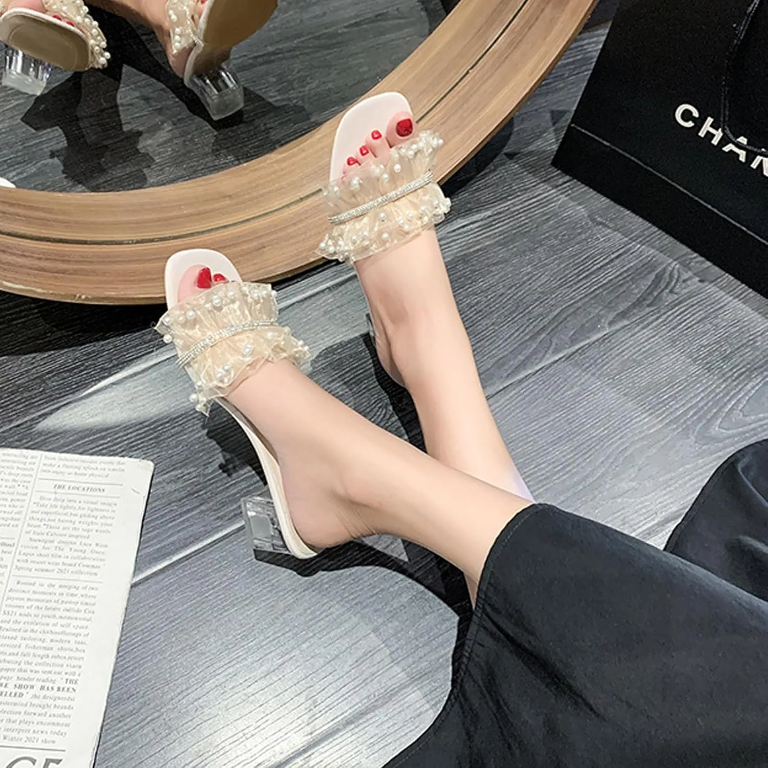 Women's Ruffle Pearls Decor Transparent Chunky Heels Sandals Square Open Toe Comfortable Slides Sandals Sexy Clear Mid Block Heel Slip on Dress Heeled Sandal