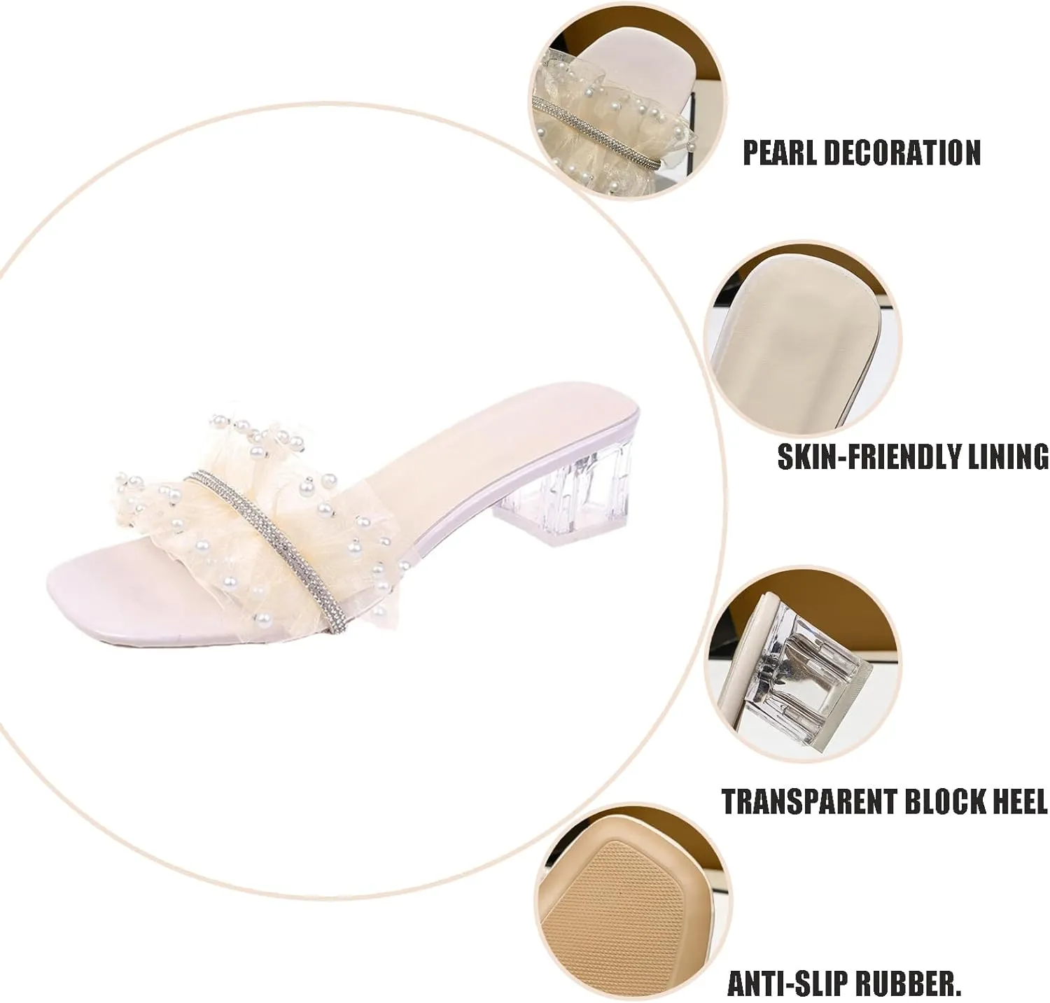 Women's Ruffle Pearls Decor Transparent Chunky Heels Sandals Square Open Toe Comfortable Slides Sandals Sexy Clear Mid Block Heel Slip on Dress Heeled Sandal