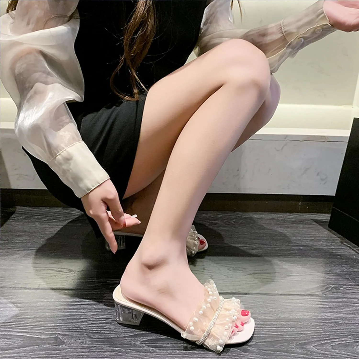 Women's Ruffle Pearls Decor Transparent Chunky Heels Sandals Square Open Toe Comfortable Slides Sandals Sexy Clear Mid Block Heel Slip on Dress Heeled Sandal