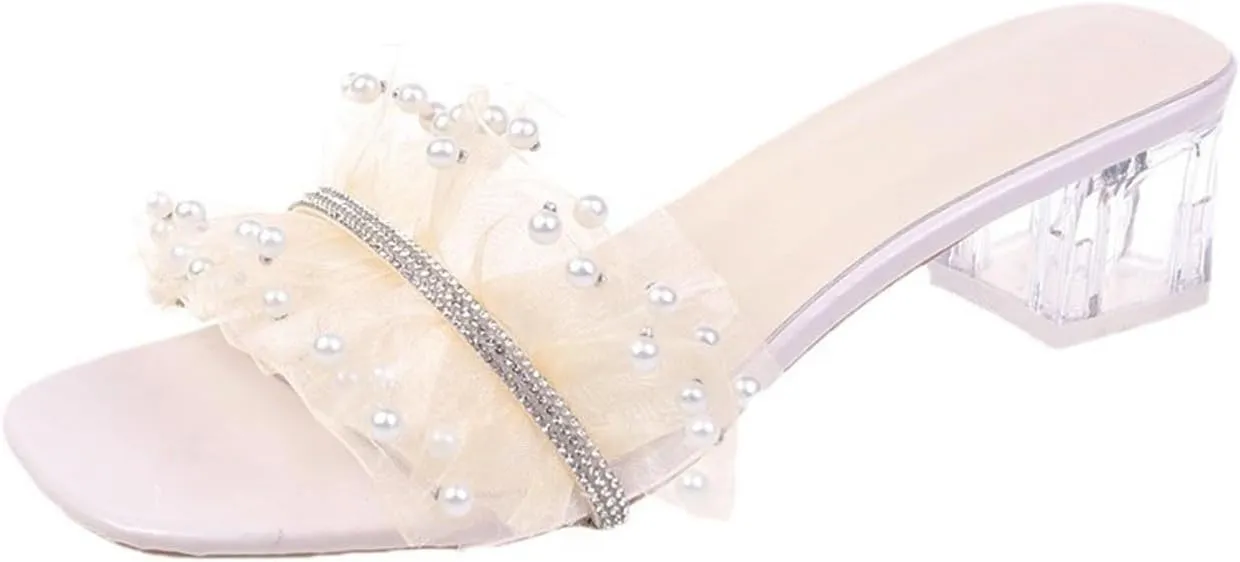 Women's Ruffle Pearls Decor Transparent Chunky Heels Sandals Square Open Toe Comfortable Slides Sandals Sexy Clear Mid Block Heel Slip on Dress Heeled Sandal