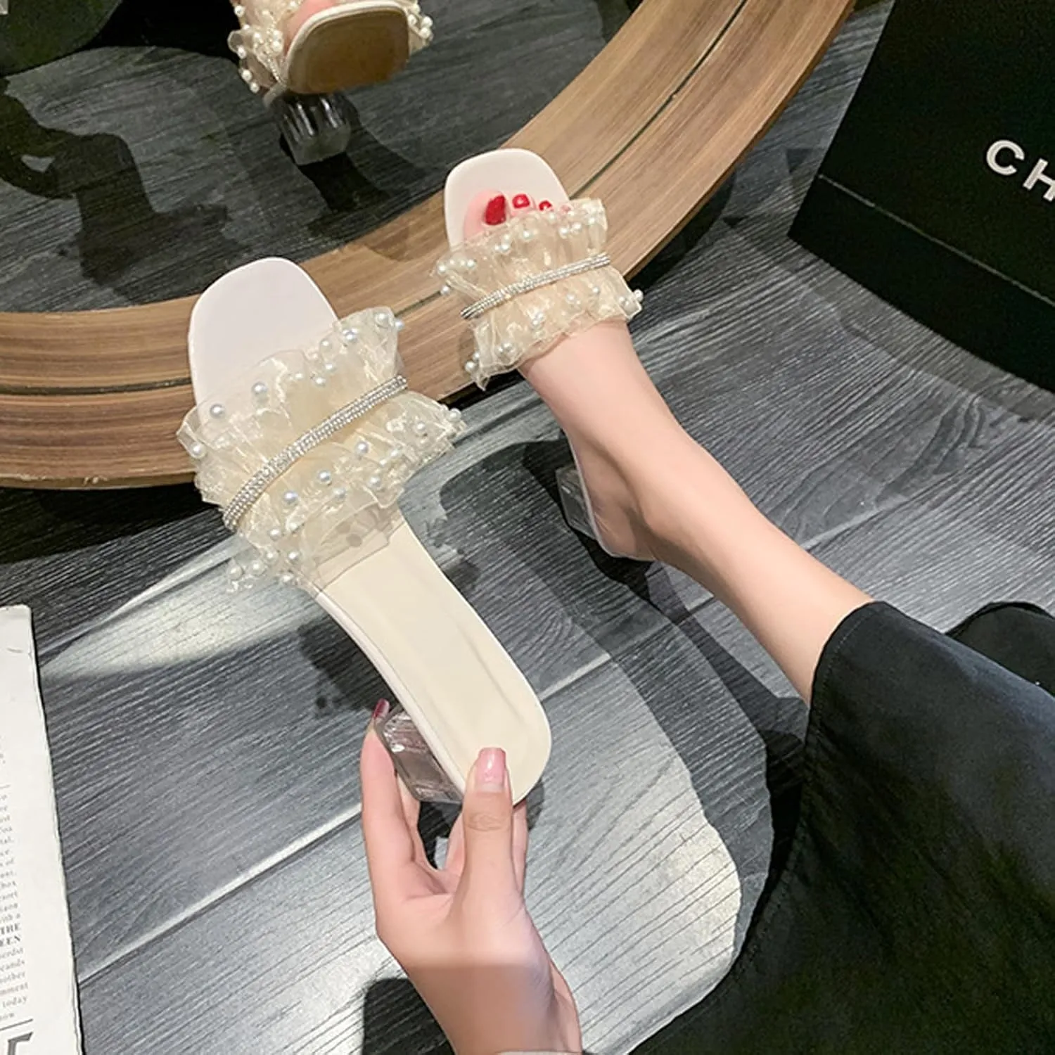 Women's Ruffle Pearls Decor Transparent Chunky Heels Sandals Square Open Toe Comfortable Slides Sandals Sexy Clear Mid Block Heel Slip on Dress Heeled Sandal