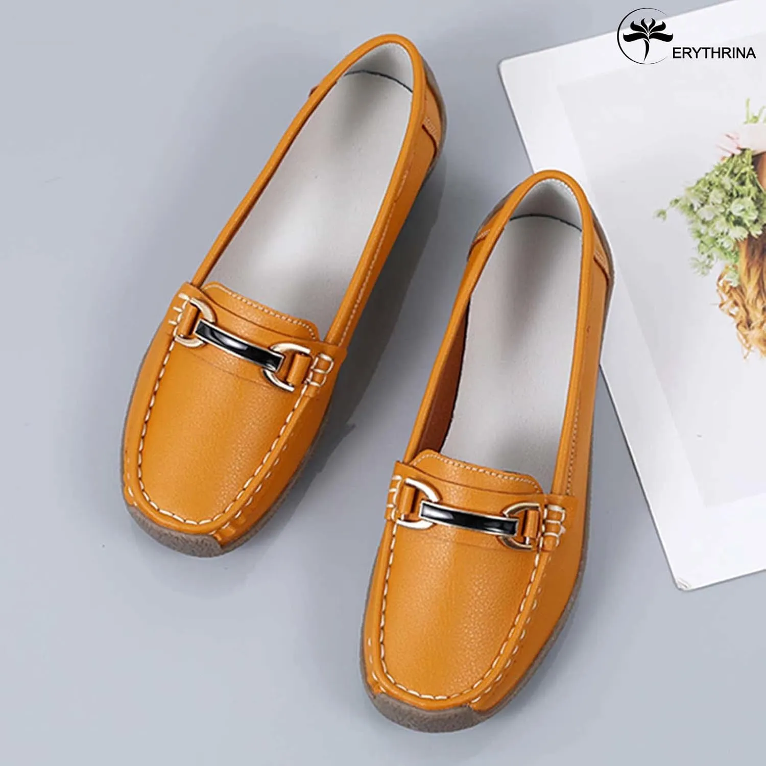 Women's Slip On Flats Loafers Leather Moccasins Walking Shoes Driving Penny Loafer with Anti-Slip Rubber Sole