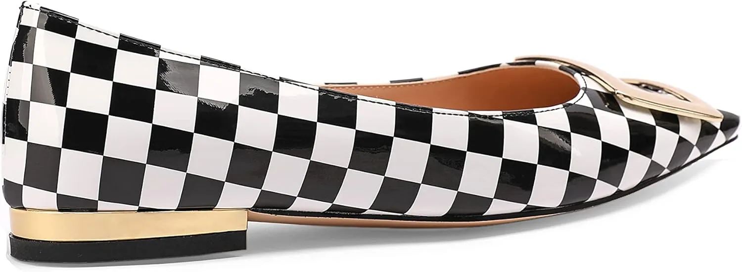 Women's Square Toe Gold Metal Buckle Pumps Patent Leather Slip On Flat Shoes