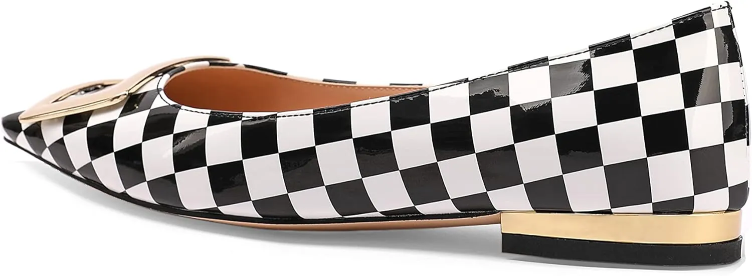 Women's Square Toe Gold Metal Buckle Pumps Patent Leather Slip On Flat Shoes