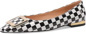 Women's Square Toe Gold Metal Buckle Pumps Patent Leather Slip On Flat Shoes