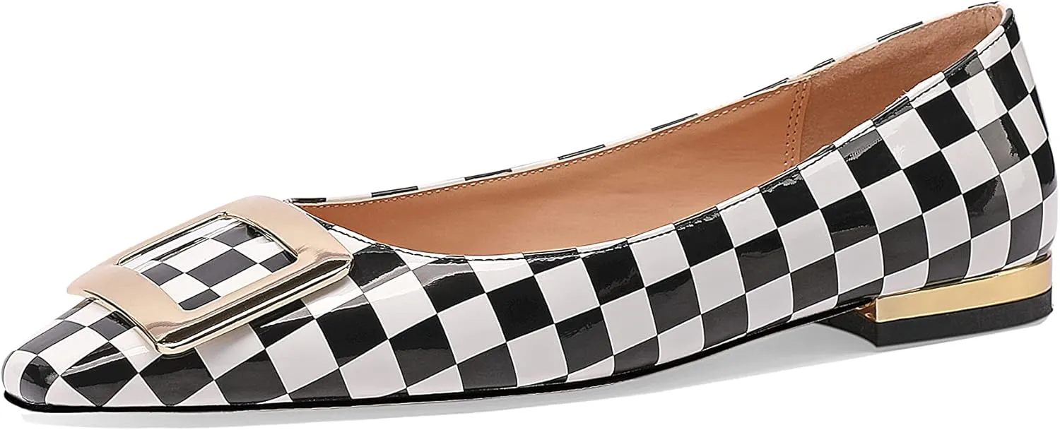 Women's Square Toe Gold Metal Buckle Pumps Patent Leather Slip On Flat Shoes