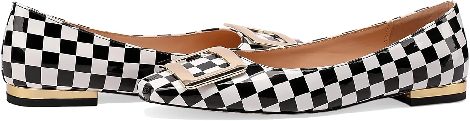Women's Square Toe Gold Metal Buckle Pumps Patent Leather Slip On Flat Shoes