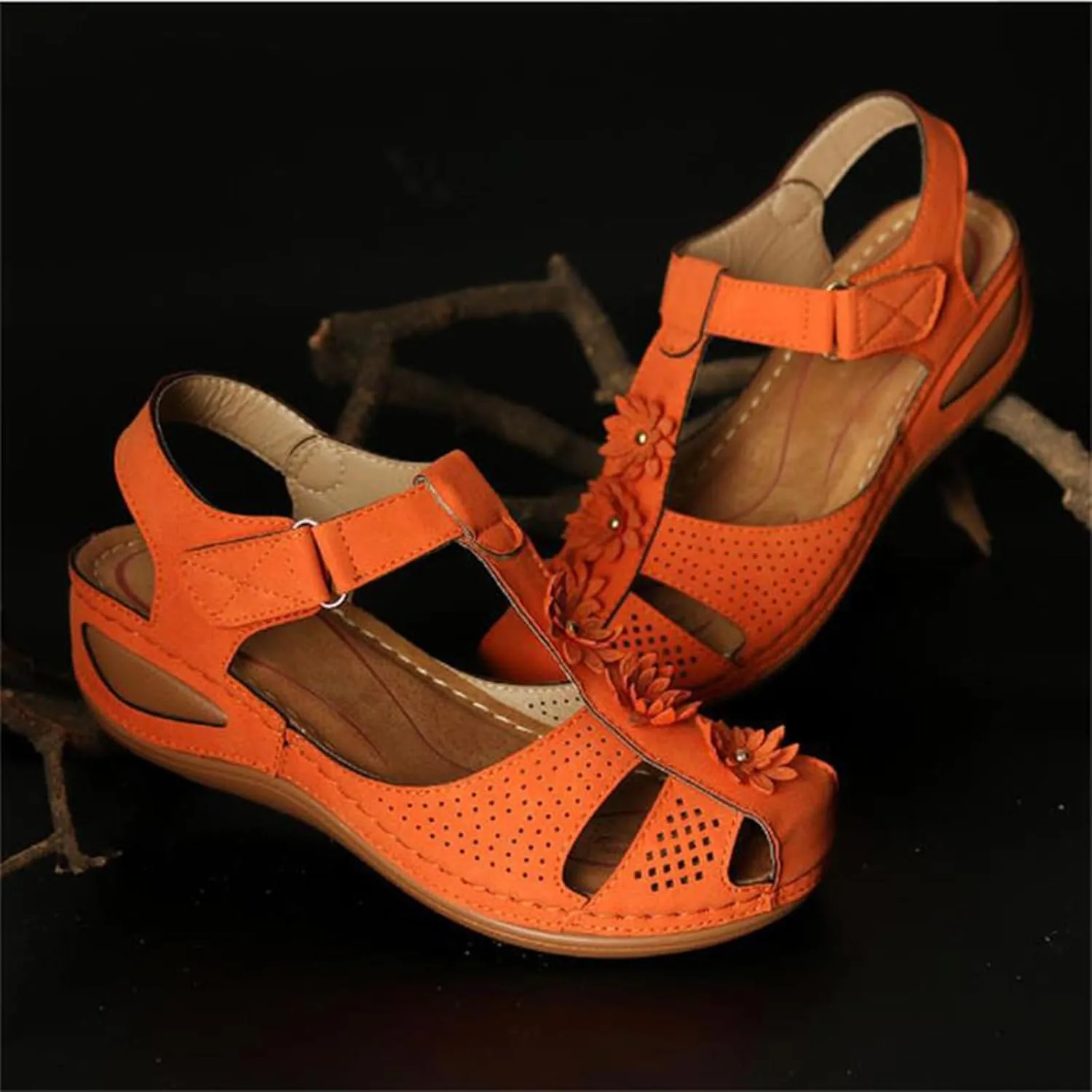 Womens Wedge Sandals Dressy Flower Bohemia Gladiator Sandals, Comfortable Closed Toe Hollow Out Platform Wedges Summer Ankle Strap Slip On Orthopedic Sandal