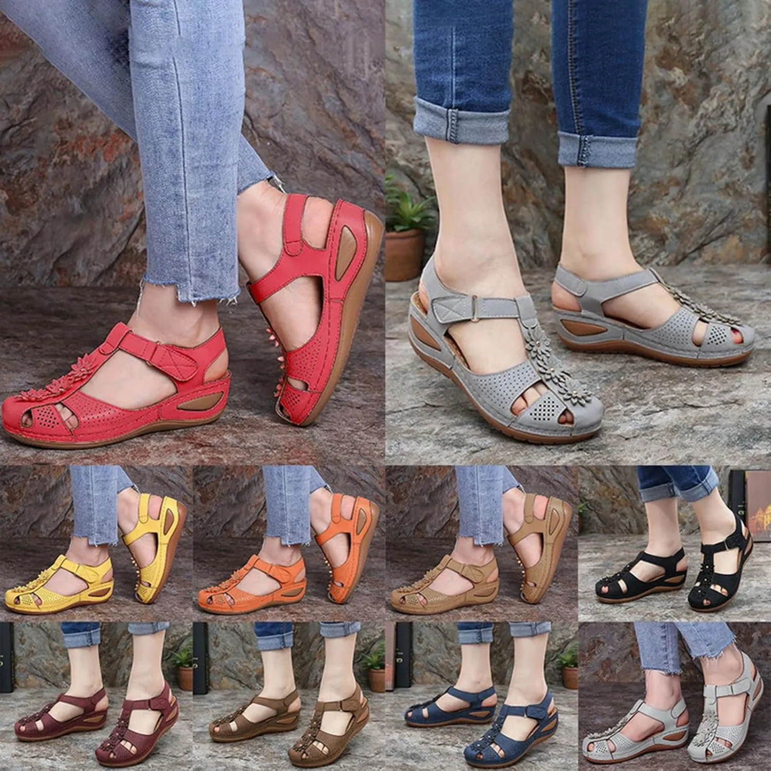 Womens Wedge Sandals Dressy Flower Bohemia Gladiator Sandals, Comfortable Closed Toe Hollow Out Platform Wedges Summer Ankle Strap Slip On Orthopedic Sandal